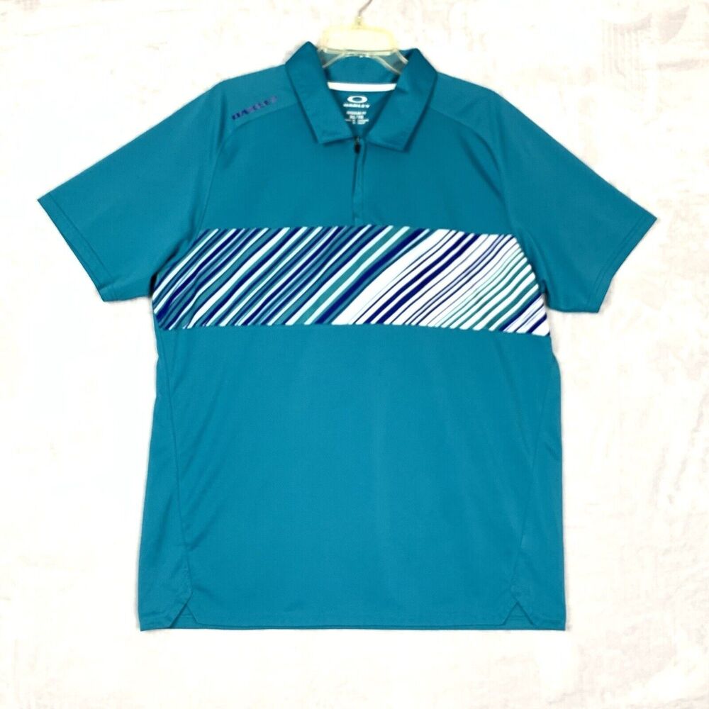Oakley Regular Fit Hydrolix Mens XL Teal Striped Short Sleeve Polo 1/4 Zip